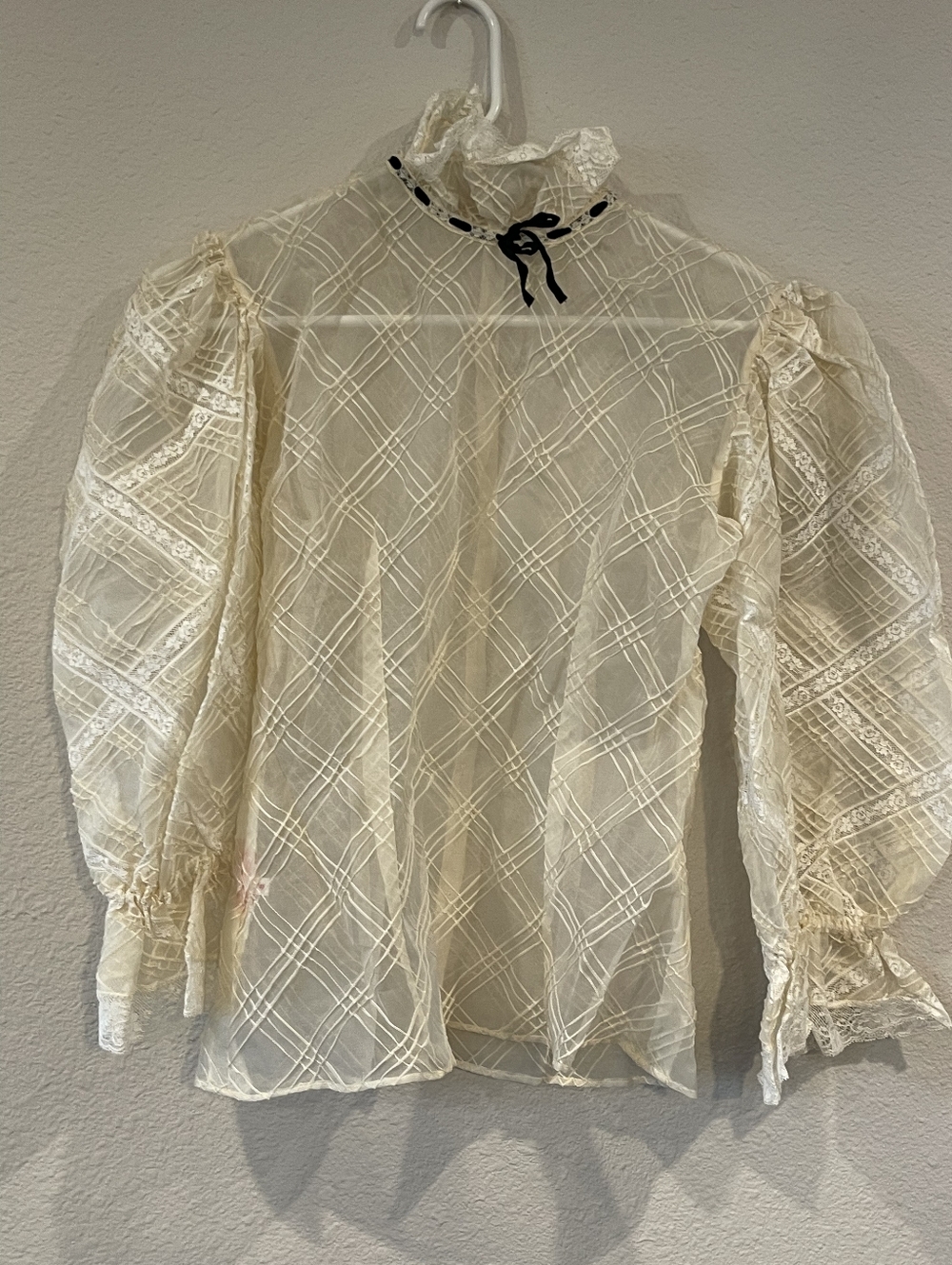 Mexicana Vintage Womens Lace Trim Puff Sleeve Sheer Long Sleeve Button Up Blouse